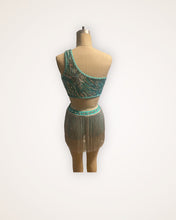 Load image into Gallery viewer, Competitive Costume Mint Green Dance Costume with asymmetrical sequin top attached to panty, silver fringe and crystals.
