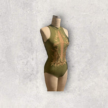 Load image into Gallery viewer, Competitive Dance costume, leotard, bodysuit, olive green with gold applique and crystals
