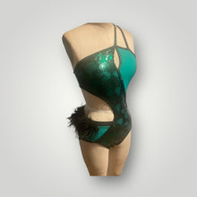 Load image into Gallery viewer, Custom Dance costume, competition, Dance costume, emerald and black sequin lace, emerald tricot jersey black ostrich feathers
