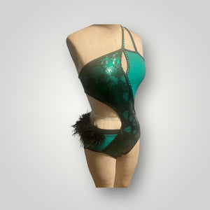 Custom Dance costume, competition, Dance costume, emerald and black sequin lace, emerald tricot jersey black ostrich feathers