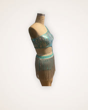 Load image into Gallery viewer, Competitive Costume Mint Green Dance Costume with asymmetrical sequin top attached to panty, silver fringe and crystals.
