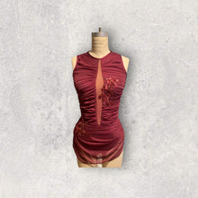 Load image into Gallery viewer, Custom Dance costume, dance competition, burgundy gathered mesh over burgundy spandex dress with appliques and crystals

