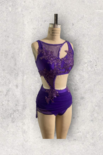 Load image into Gallery viewer, Custom Dance costume, dance competition, purple mesh over purple spandex dress with appliques and crystals
