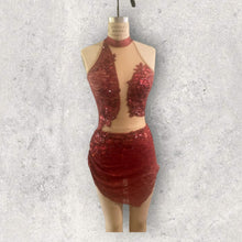 Load image into Gallery viewer, Custom Dance costume, dance competition, burgundy lace over burgundy spandex dress with appliques and crystals
