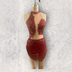 Custom Dance costume, dance competition, burgundy lace over burgundy spandex dress with appliques and crystals