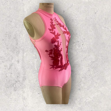 Load image into Gallery viewer, Competitive Dance costume, leotard, bodysuit, pink with red applique and crystals
