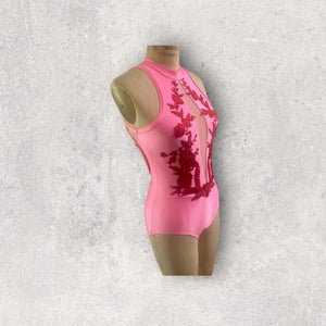 Competitive Dance costume, leotard, bodysuit, pink with red applique and crystals