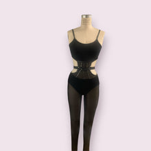 Load image into Gallery viewer, Black Unitard with black mesh legs, belt and crystals
