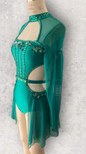 Load image into Gallery viewer, Lyrical dance costume, competitive made to order costume, corset top style with mesh sleeves and skirt
