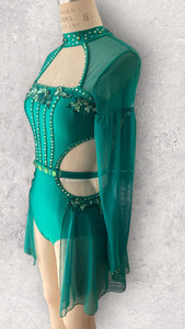Lyrical dance costume, competitive made to order costume, corset top style with mesh sleeves and skirt
