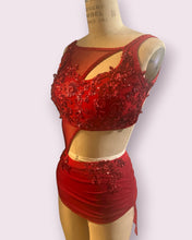 Load image into Gallery viewer, Custom Dance costume, dance competition, red mesh over red spandex dress with appliques and crystals, ready to ship
