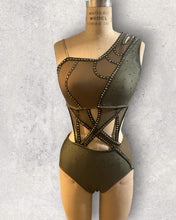 Load image into Gallery viewer, Asymmetrical neckline top and panty attached in the front with mesh cutouts, with crystals, ready to ship

