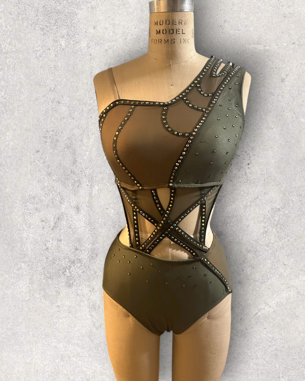 Asymmetrical neckline top and panty attached in the front with mesh cutouts, with crystals, ready to ship
