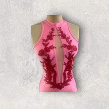 Load image into Gallery viewer, Competitive Dance costume, leotard, bodysuit, pink with red applique and crystals
