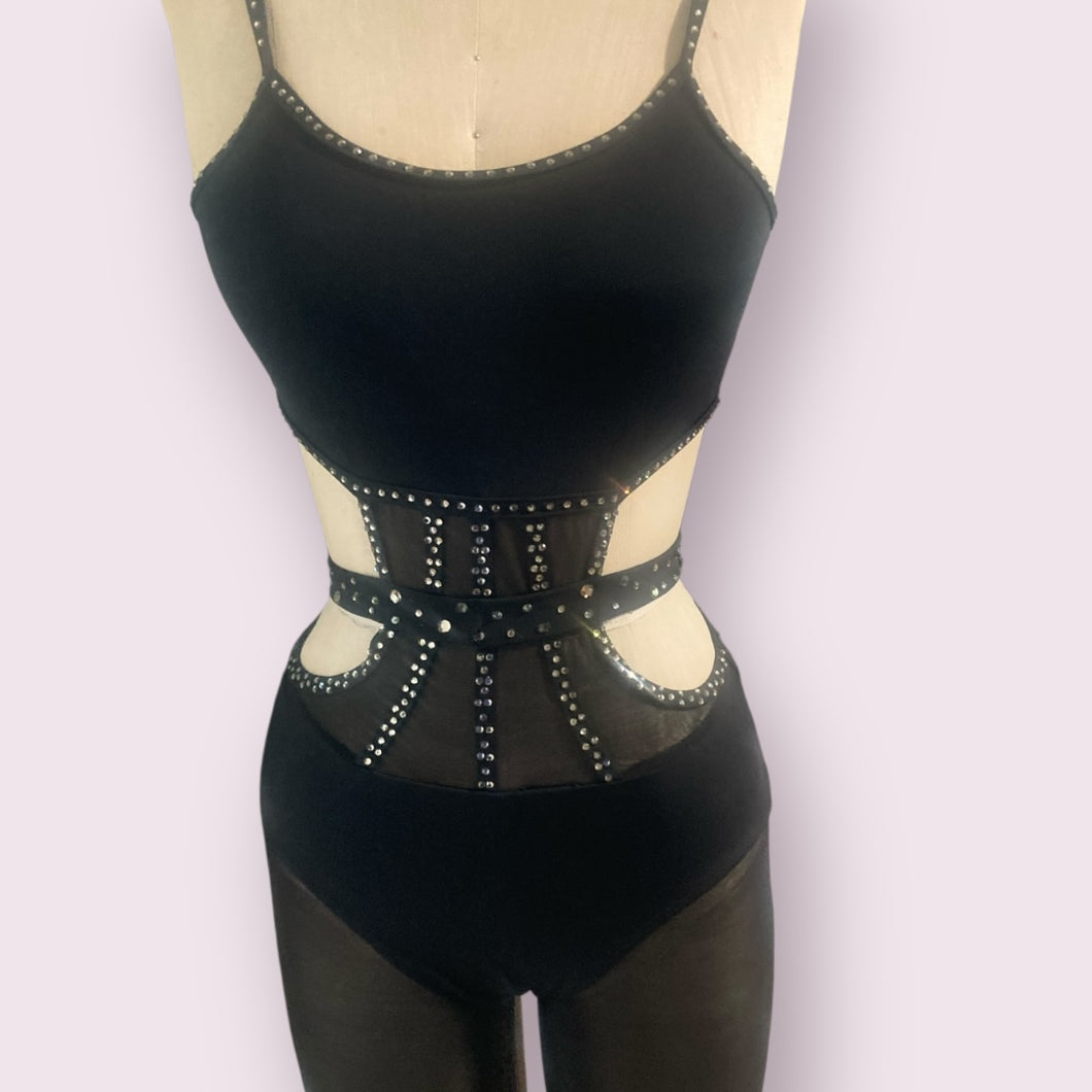 Black Unitard with black mesh legs, belt and crystals
