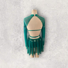 Load image into Gallery viewer, Lyrical dance costume, competitive made to order costume, corset top style with mesh sleeves and skirt
