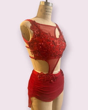 Load image into Gallery viewer, Custom Dance costume, dance competition, red mesh over red spandex dress with appliques and crystals, ready to ship
