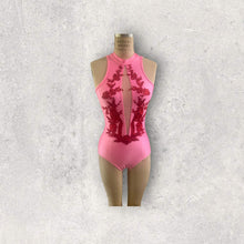 Load image into Gallery viewer, Competitive Dance costume, leotard, bodysuit, pink with red applique and crystals
