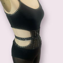 Load image into Gallery viewer, Black Unitard with black mesh legs, belt and crystals
