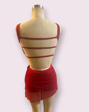 Load image into Gallery viewer, Custom Dance costume, dance competition, red mesh over red spandex dress with appliques and crystals, ready to ship
