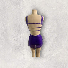 Load image into Gallery viewer, Custom Dance costume, dance competition, purple mesh over purple spandex dress with appliques and crystals
