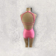 Load image into Gallery viewer, Competitive Dance costume, leotard, bodysuit, pink with red applique and crystals
