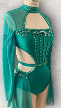 Load image into Gallery viewer, Lyrical dance costume, competitive made to order costume, corset top style with mesh sleeves and skirt
