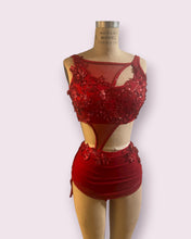 Load image into Gallery viewer, Custom Dance costume, dance competition, red mesh over red spandex dress with appliques and crystals, ready to ship
