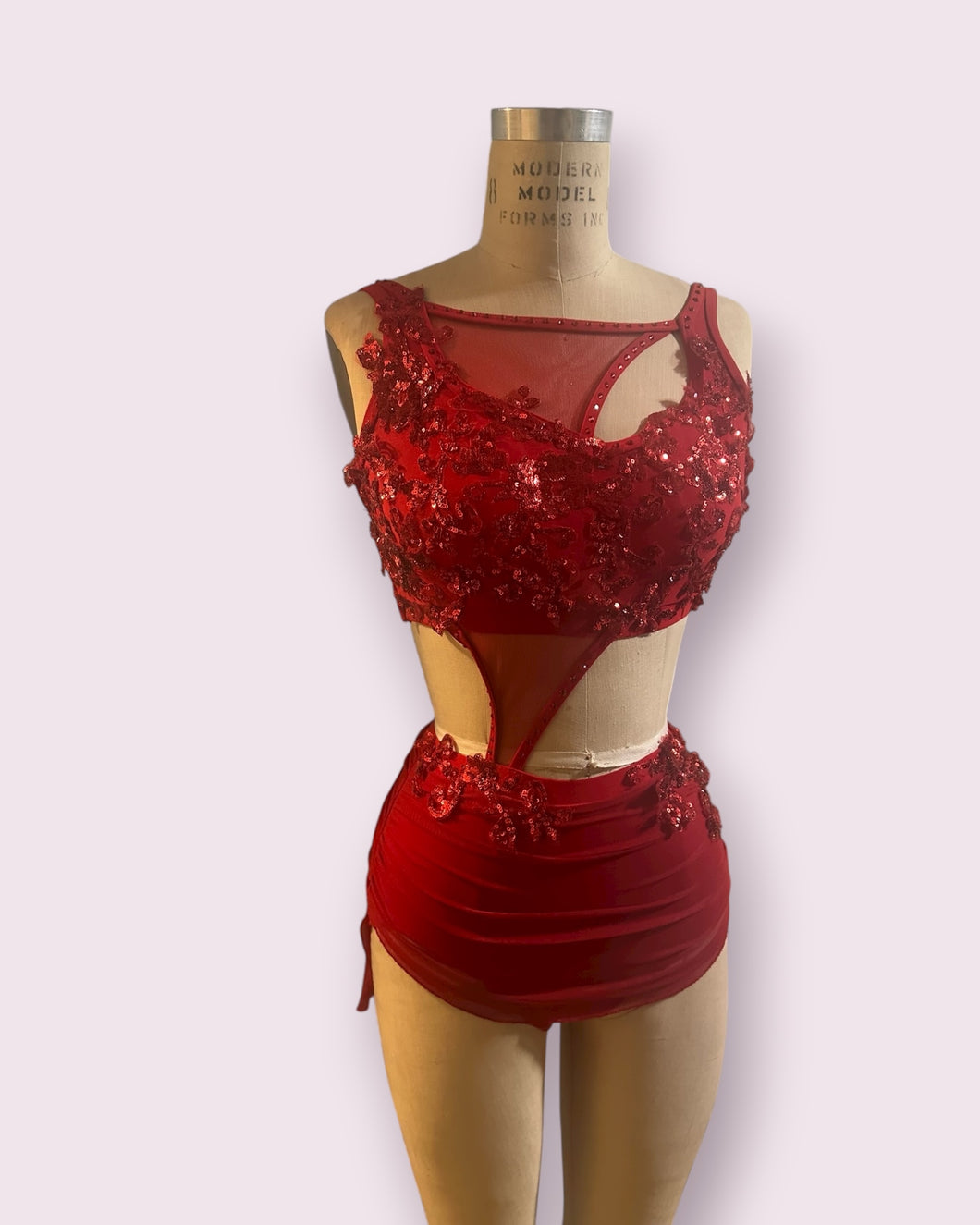 Custom Dance costume, dance competition, red mesh over red spandex dress with appliques and crystals, ready to ship