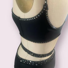 Load image into Gallery viewer, Black Unitard with black mesh legs, belt and crystals
