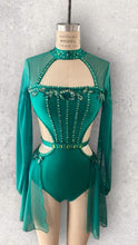 Load image into Gallery viewer, Lyrical dance costume, competitive made to order costume, corset top style with mesh sleeves and skirt
