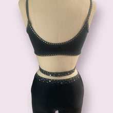 Load image into Gallery viewer, Black Unitard with black mesh legs, belt and crystals
