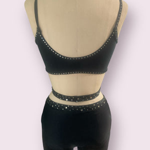 Black Unitard with black mesh legs, belt and crystals