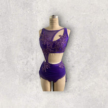 Load image into Gallery viewer, Custom Dance costume, dance competition, purple mesh over purple spandex dress with appliques and crystals
