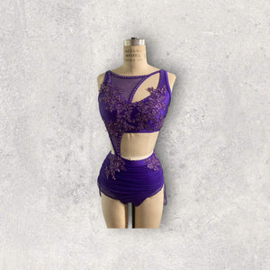 Custom Dance costume, dance competition, purple mesh over purple spandex dress with appliques and crystals