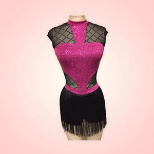 Competitive Dance costume, leotard, bodysuit, magenta sequin top and black panty and fringe, diamond mesh, made to order