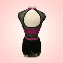 Load image into Gallery viewer, Competitive Dance costume, leotard, bodysuit, magenta sequin top and black panty and fringe, diamond mesh, made to order

