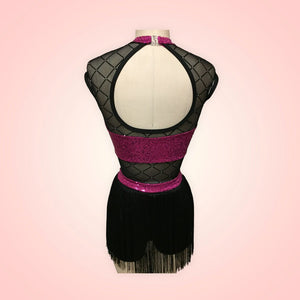 Competitive Dance costume, leotard, bodysuit, magenta sequin top and black panty and fringe, diamond mesh, made to order