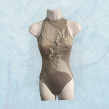 Load image into Gallery viewer, Competitive Custom Dance costume, handmade leotard with applique, competitive bodysuit with mesh cut-outs, crystals
