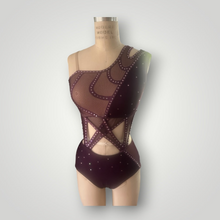 Load image into Gallery viewer, Asymmetrical neckline top and panty attached in the front with mesh cutouts, with crystals, ready to ship
