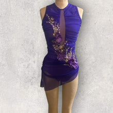 Load image into Gallery viewer, Custom Dance costume, dance competition, purple gathered mesh over light purple spandex dress with appliques and crystals
