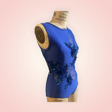 Load image into Gallery viewer, Bodysuit with mesh cutouts, appliques and crystals, royal blue
