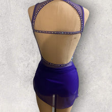 Load image into Gallery viewer, Custom Dance costume, dance competition, purple gathered mesh over light purple spandex dress with appliques and crystals
