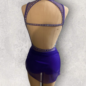 Custom Dance costume, dance competition, purple gathered mesh over light purple spandex dress with appliques and crystals
