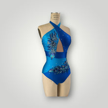 Load image into Gallery viewer, Blue Color Blocked Crossover Halter Neckline Leotard with Appliques and Crystals ready to ship.
