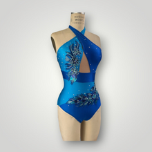 Load image into Gallery viewer, Blue Color Blocked Crossover Halter Neckline Leotard with Appliques and Crystals ready to ship.
