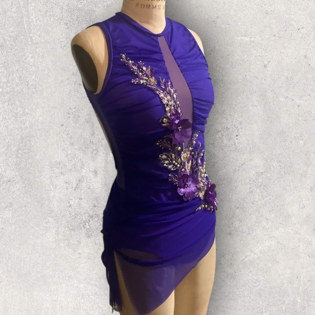 Custom Dance costume, dance competition, purple gathered mesh over light purple spandex dress with appliques and crystals
