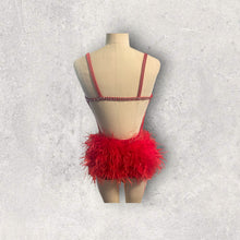 Load image into Gallery viewer, Custom Dance costume, dance competition, red velvet with silver and black glitter, black panty, ombre fringe, red ostrich feathers, crystals
