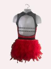 Load image into Gallery viewer, Custom Dance costume, dance competition costume, handmade dance costume, red and black one piece costume with feathers made to order
