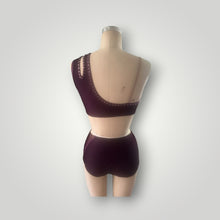 Load image into Gallery viewer, Asymmetrical neckline top and panty attached in the front with mesh cutouts, with crystals, ready to ship

